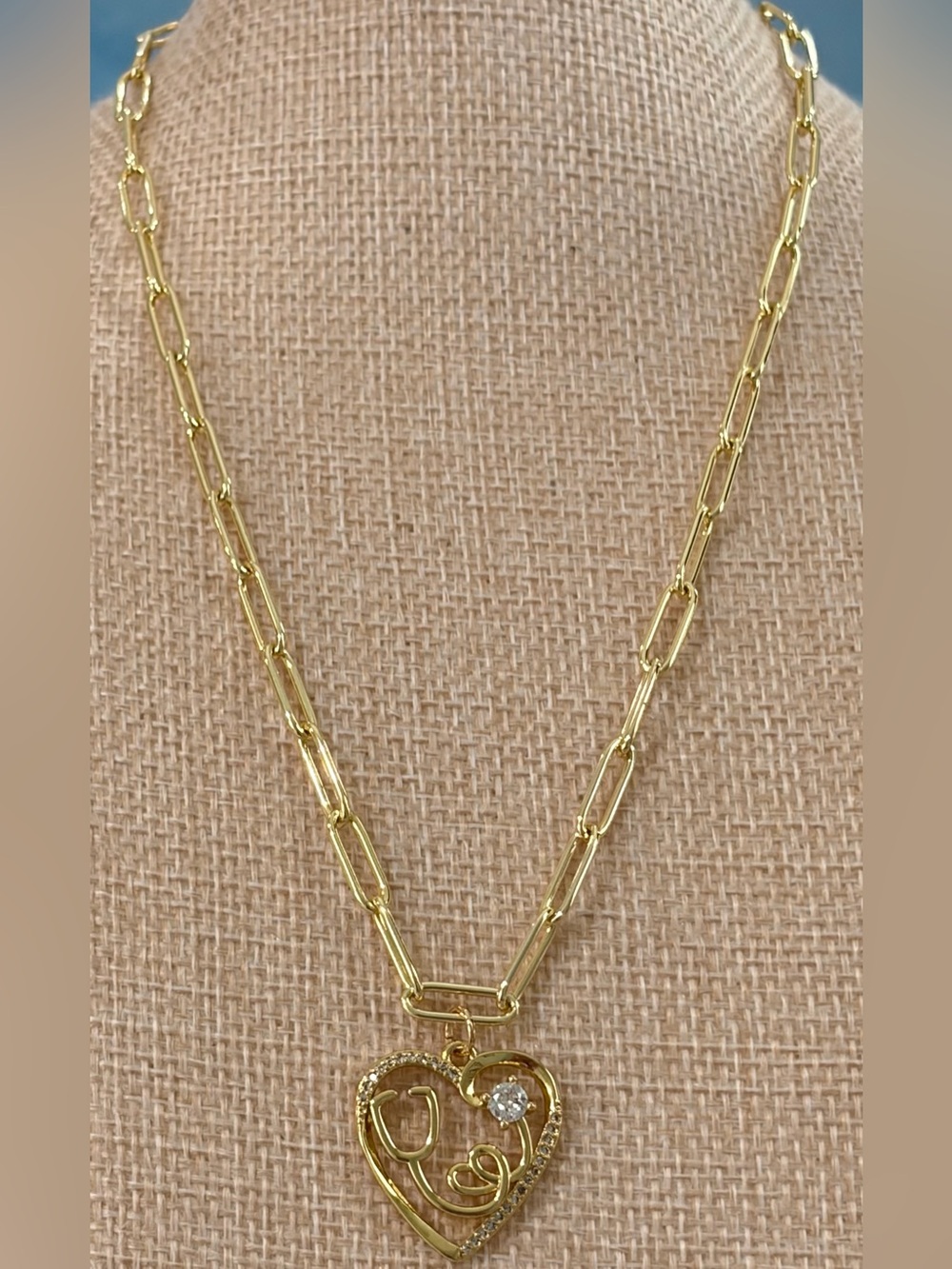 NEW Handmade Gold Plated Heart Stethoscope Necklace with Crystal Accent 16” long